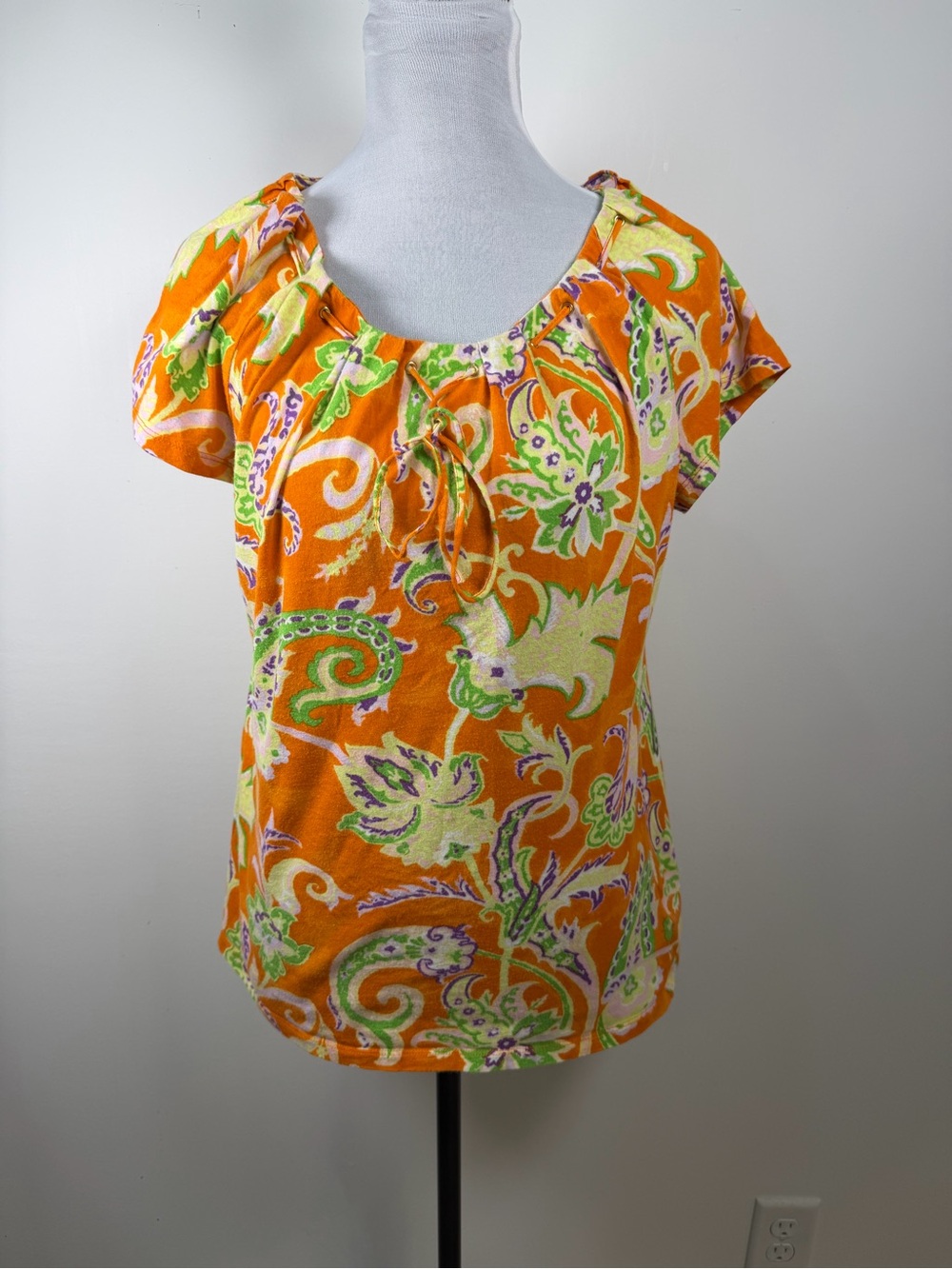 Lauren Ralph Lauren Orange Paisley Peasant Top 100% Cotton Lace Neck Boho Blouse